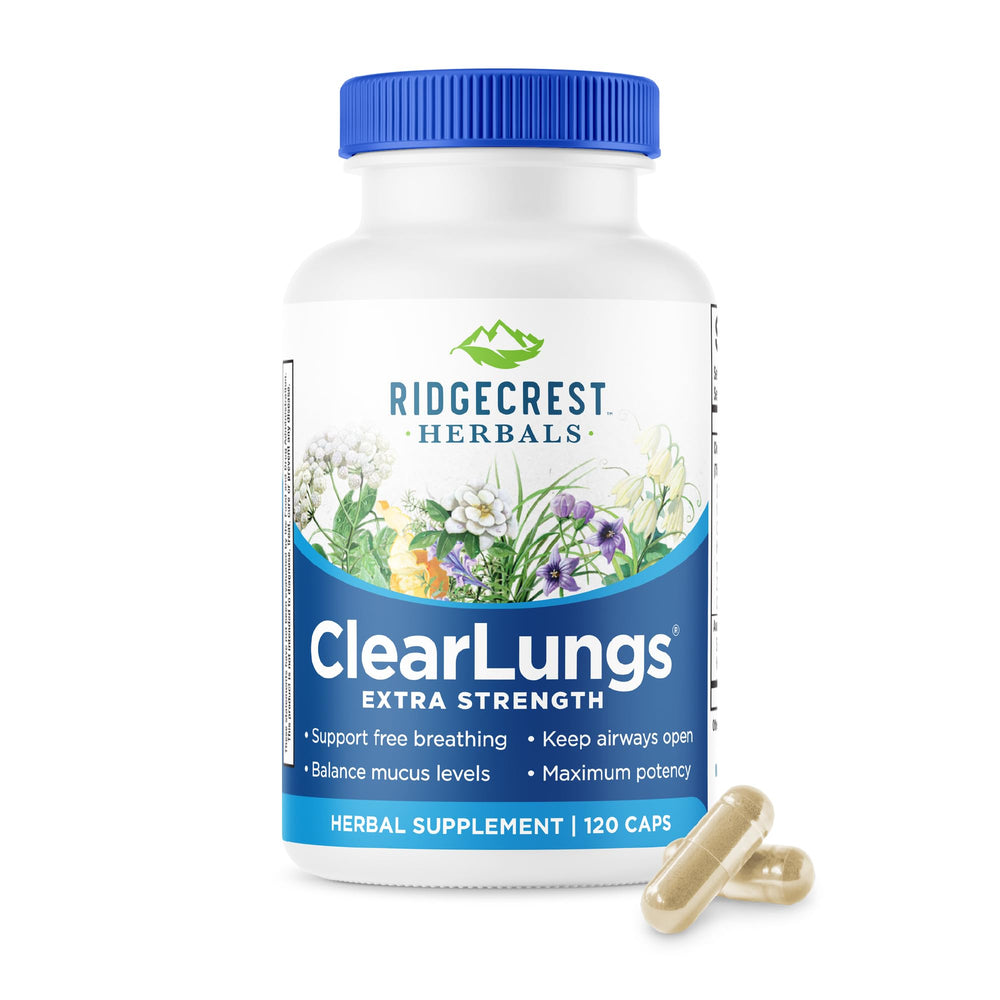 RidgeCrest Herbals envase frontal ClearLungs mostrando fórmula extra fuerte y beneficio respiratorio