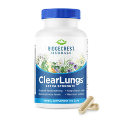 RidgeCrest ClearLungs vista frontal mostrando frasco y cápsulas, apoyo respiratorio