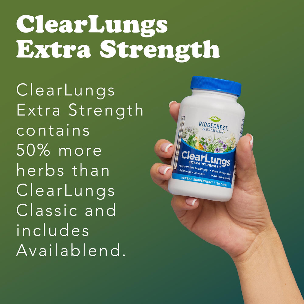 RidgeCrest Herbals ingredientes naturales de ClearLungs exhibidos para claridad respiratoria