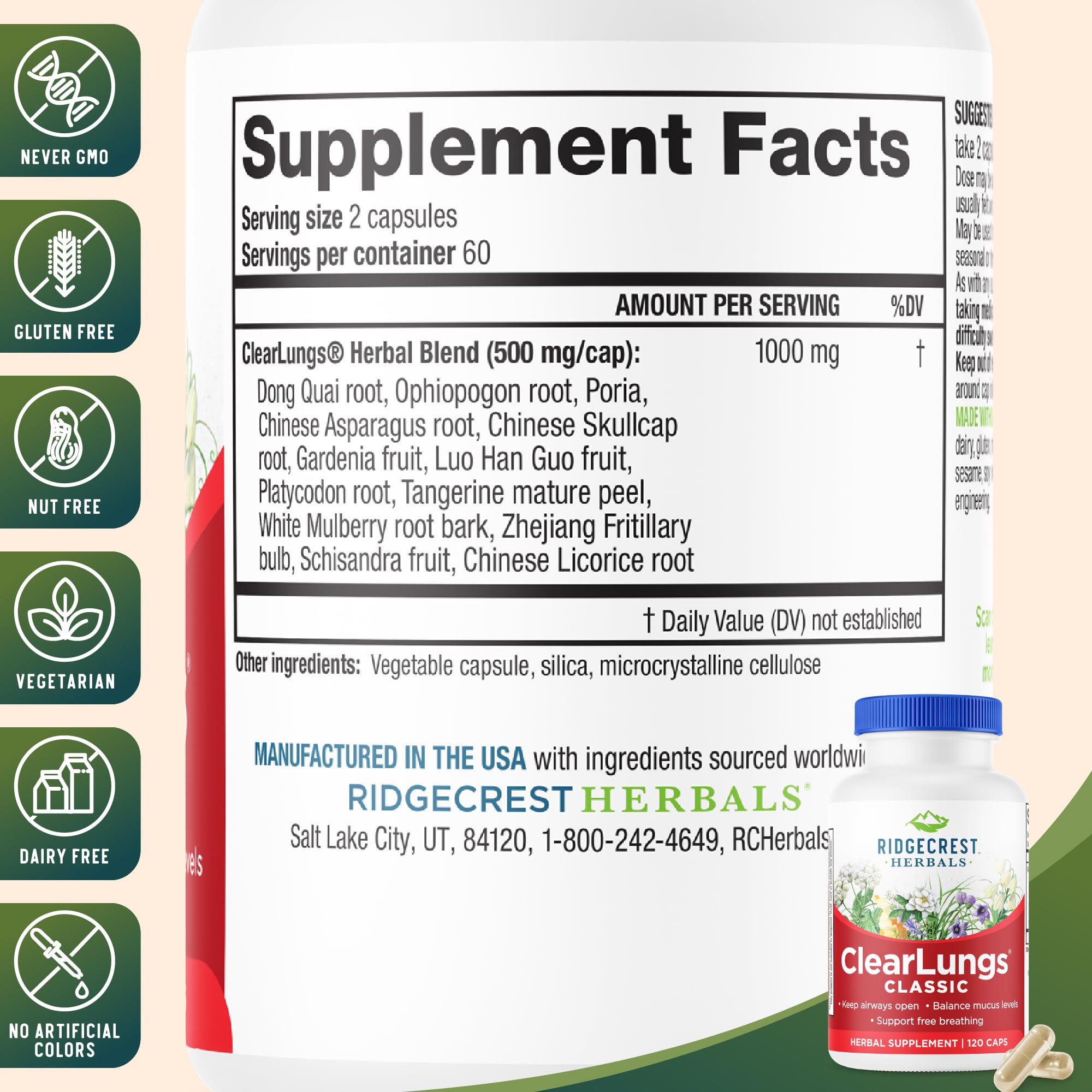 ingredientes naturales clave de RidgeCrest ClearLungs para apoyo respiratorio