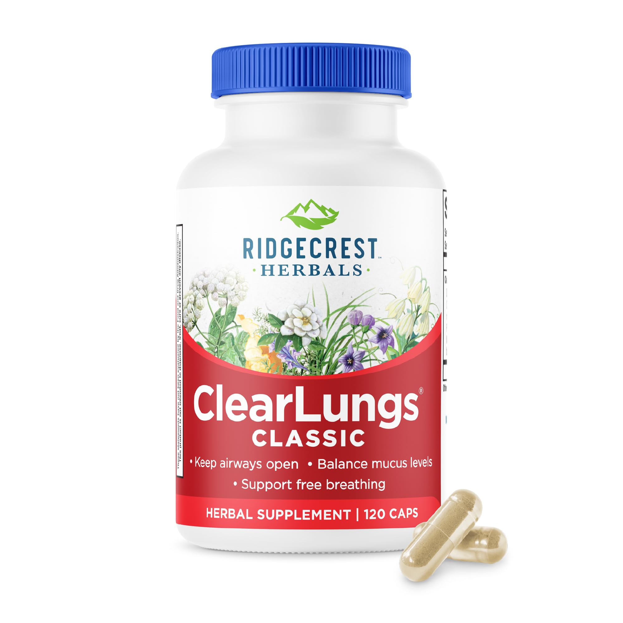 RidgeCrest Herbals frasco frontal mostrando presentación y beneficio respiratorio