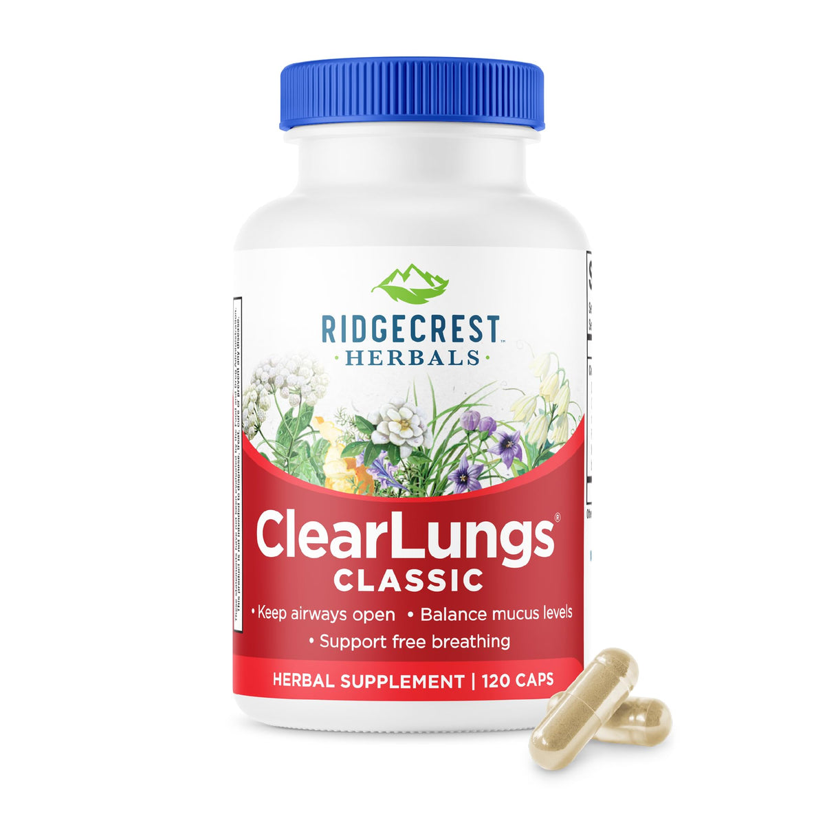 RidgeCrest Herbals frasco frontal mostrando presentación y beneficio respiratorio