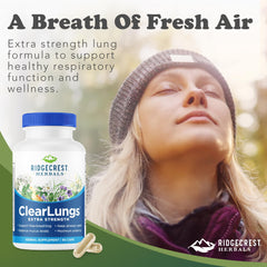 Comparación de tamaño de frasco RidgeCrest ClearLungs junto a moneda, portable