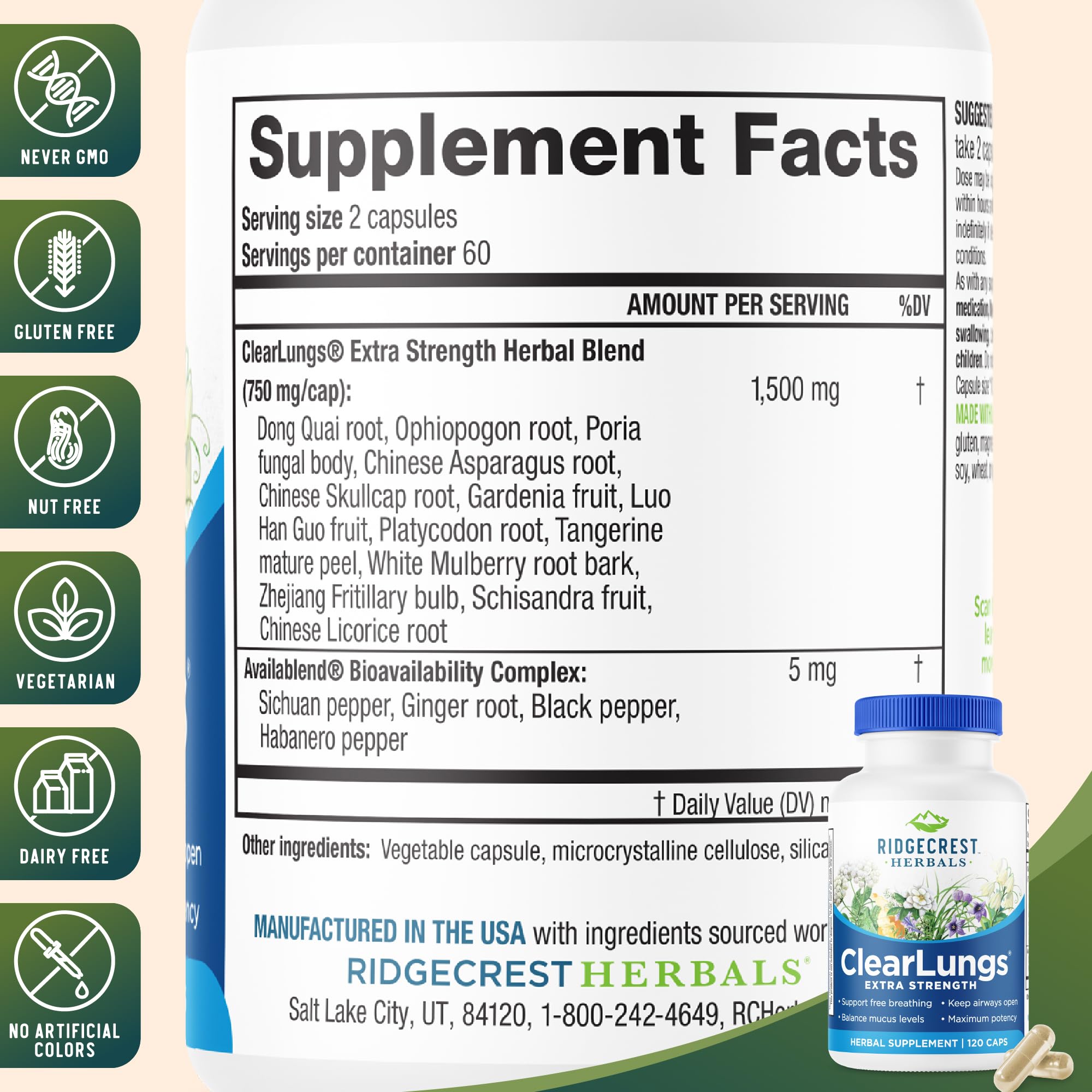 RidgeCrest Herbals primer plano de cápsula ClearLungs destacando textura y alta calidad