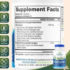 RidgeCrest Herbals primer plano de cápsula ClearLungs destacando textura y alta calidad