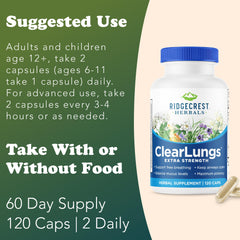 RidgeCrest Herbals cápsula ClearLungs en mano para mostrar tamaño y comodidad de uso
