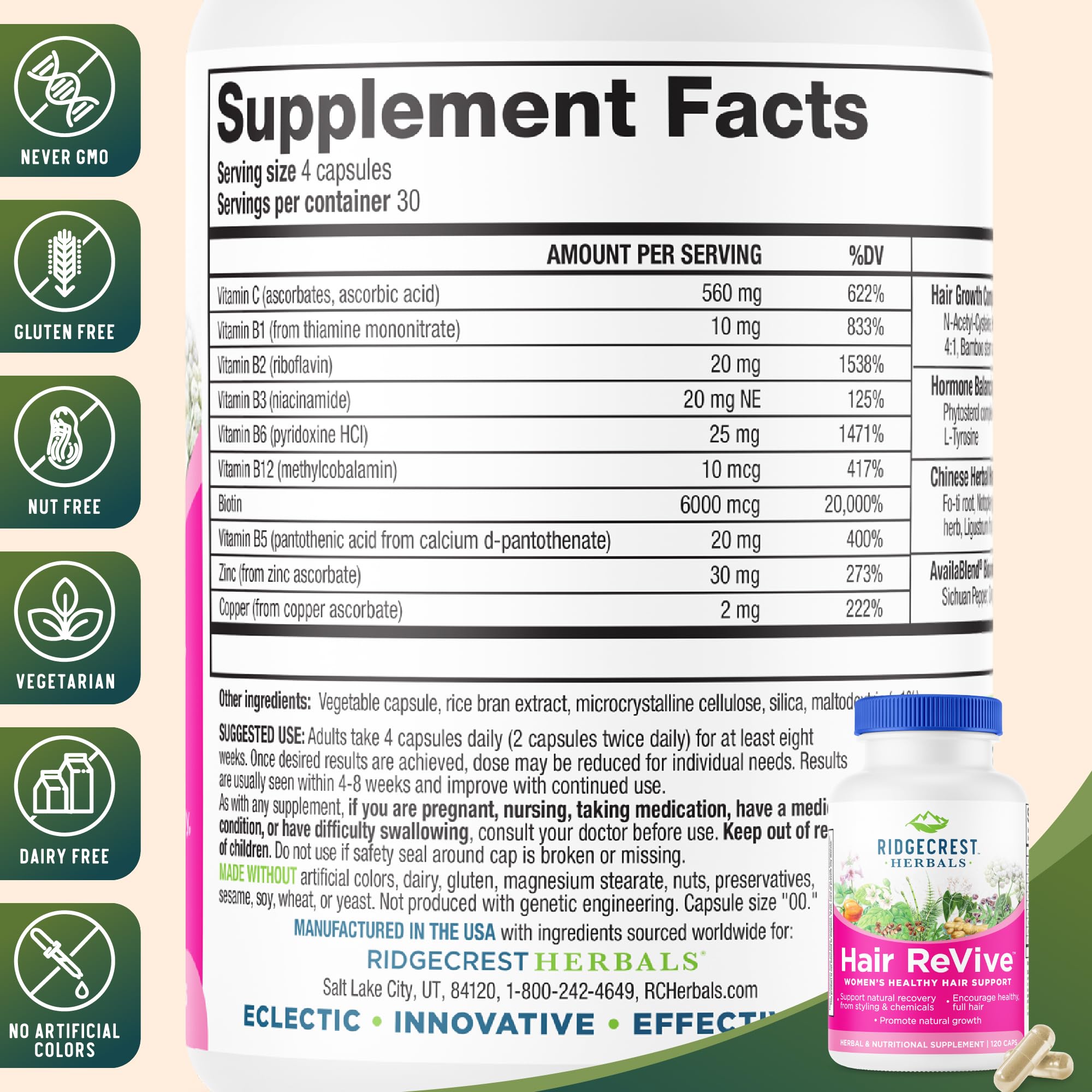 RidgeCrest Herbals etiqueta con ingredientes clave y transparencia formulación
