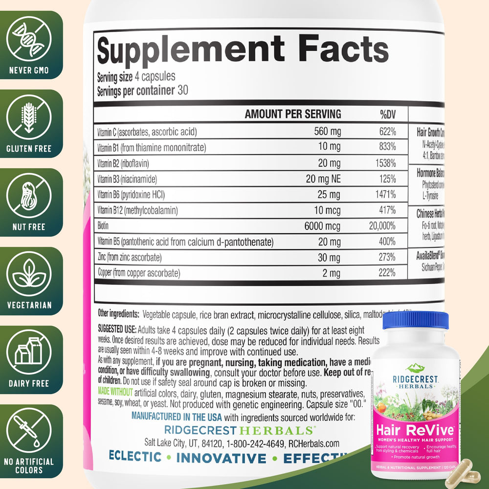 RidgeCrest Herbals etiqueta con ingredientes clave y transparencia formulación