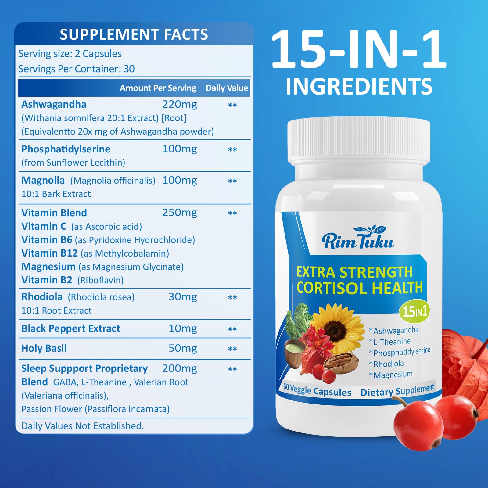 RimTuku etiqueta nutricional enfocada en la composición 15 en 1