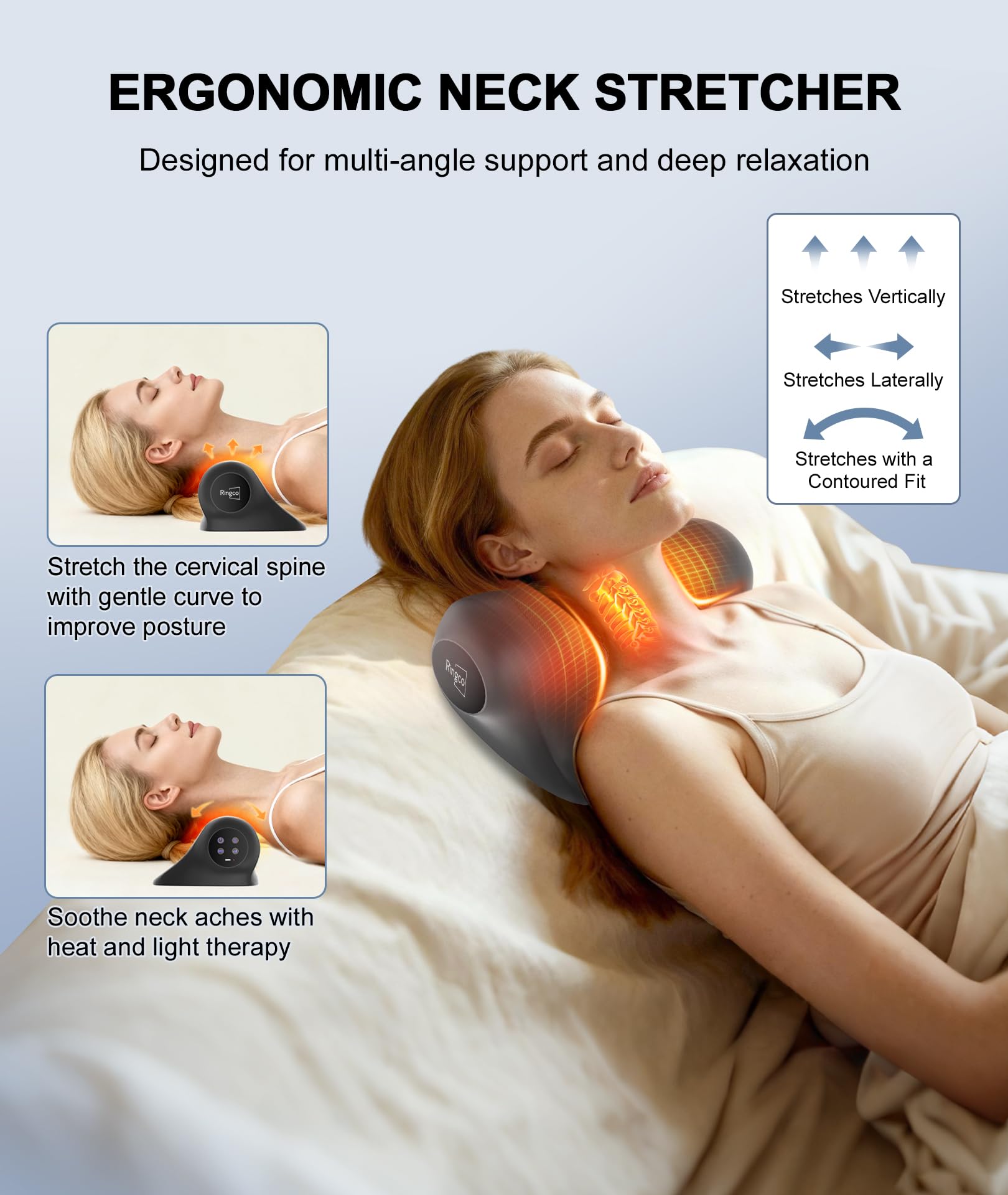 RINGCO vista frontal del masajeador mostrando formas ergonómicas para confort