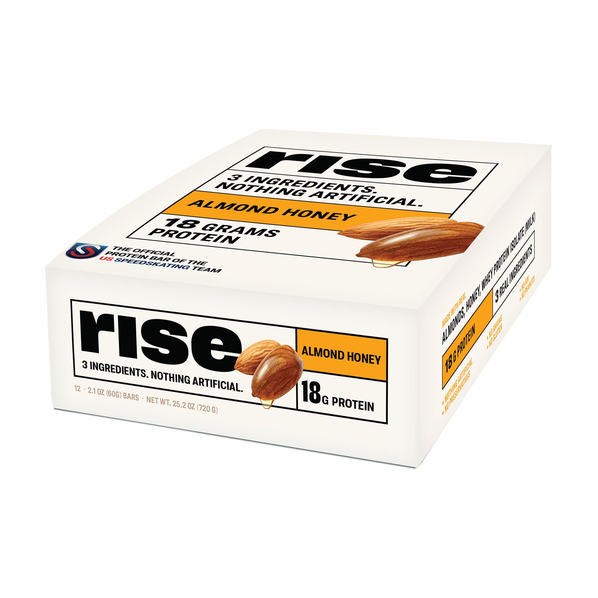 Rise envase frontal mostrando sabor almendra miel y beneficio listo para llevar