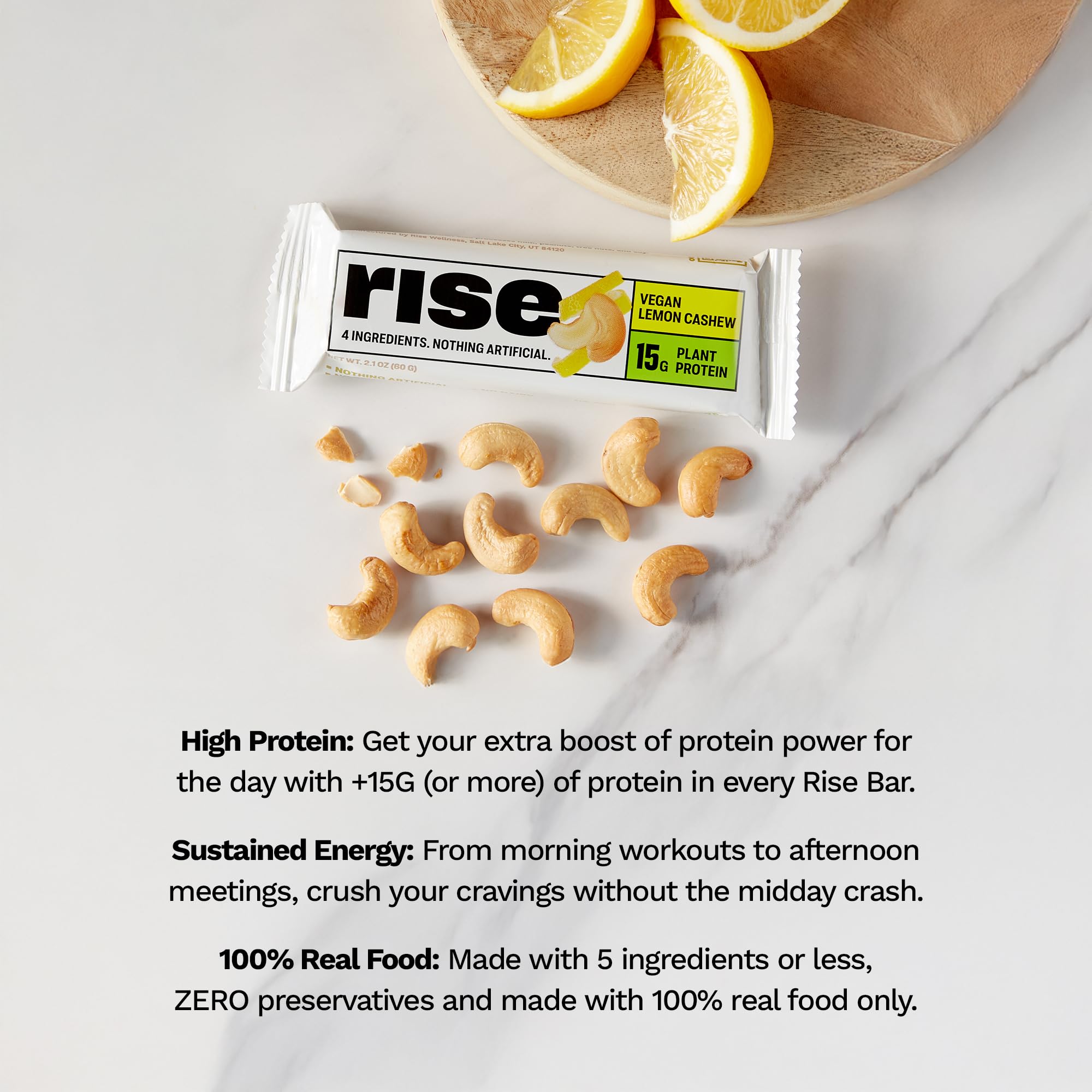 Rise ingredientes limón y anacardo que aportan sabor natural