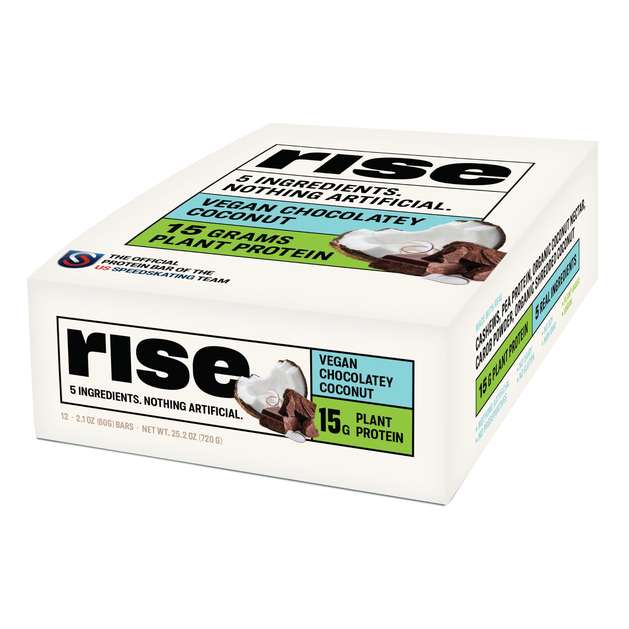 Rise empaque frontal mostrando chocolate y coco, práctico para llevar