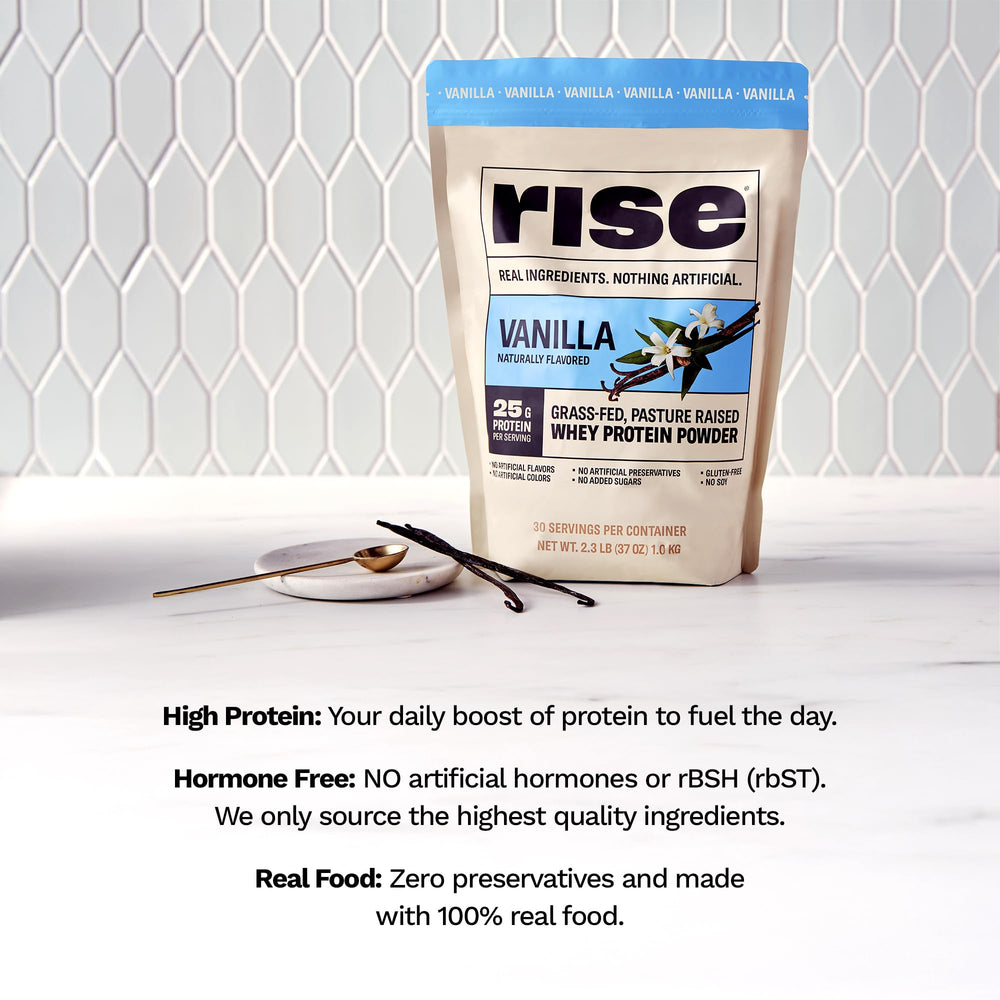 Rise etiqueta de ingredientes destacando origen grass-fed y sin aditivos