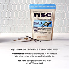 Rise etiqueta de ingredientes destacando origen grass-fed y sin aditivos