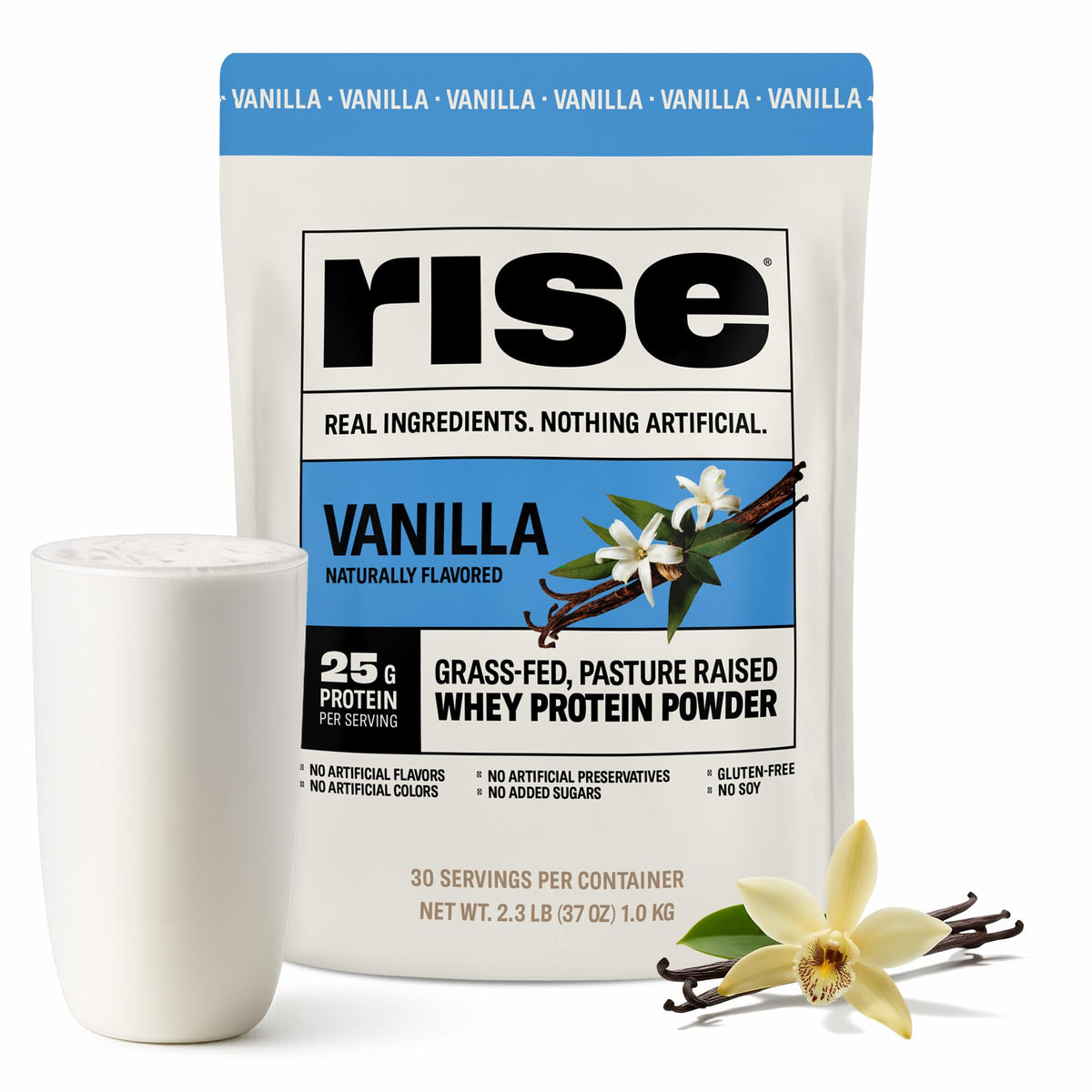 Rise envase frontal mostrando la etiqueta y beneficios claros