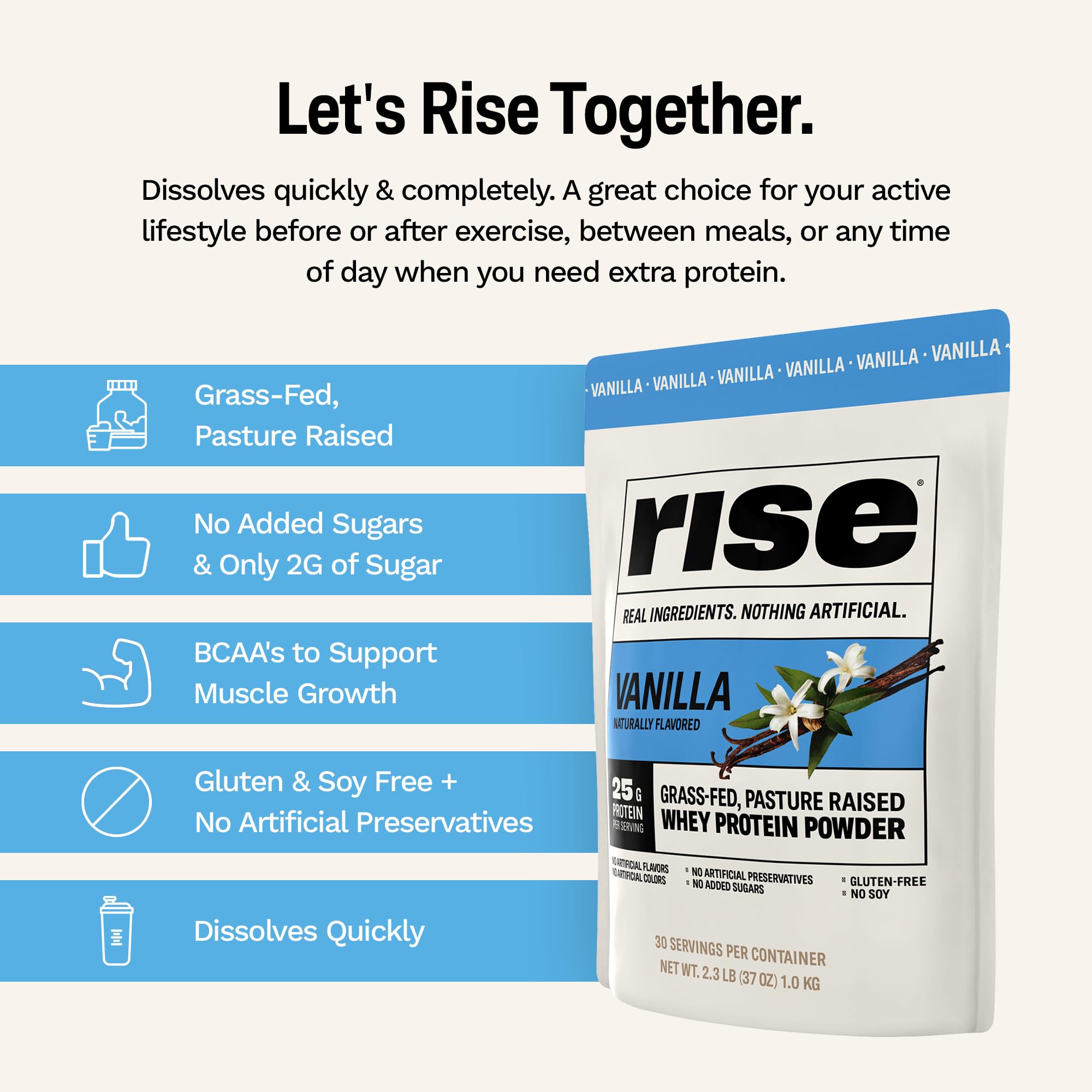 Rise envase junto a regla para comparación de tamaño y porciones