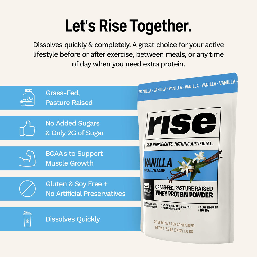 Rise envase junto a regla para comparación de tamaño y porciones