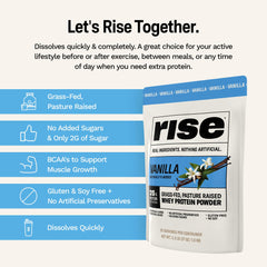 Rise envase junto a regla para comparación de tamaño y porciones