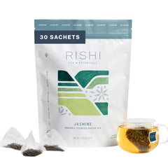 Rishi Tea frente del empaque mostrando la bolsa resellable y marca