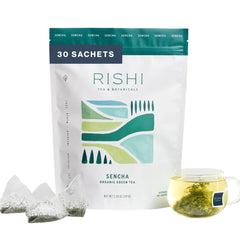 Rishi Tea frente del empaque mostrando saquitos orgánicos y conveniencia