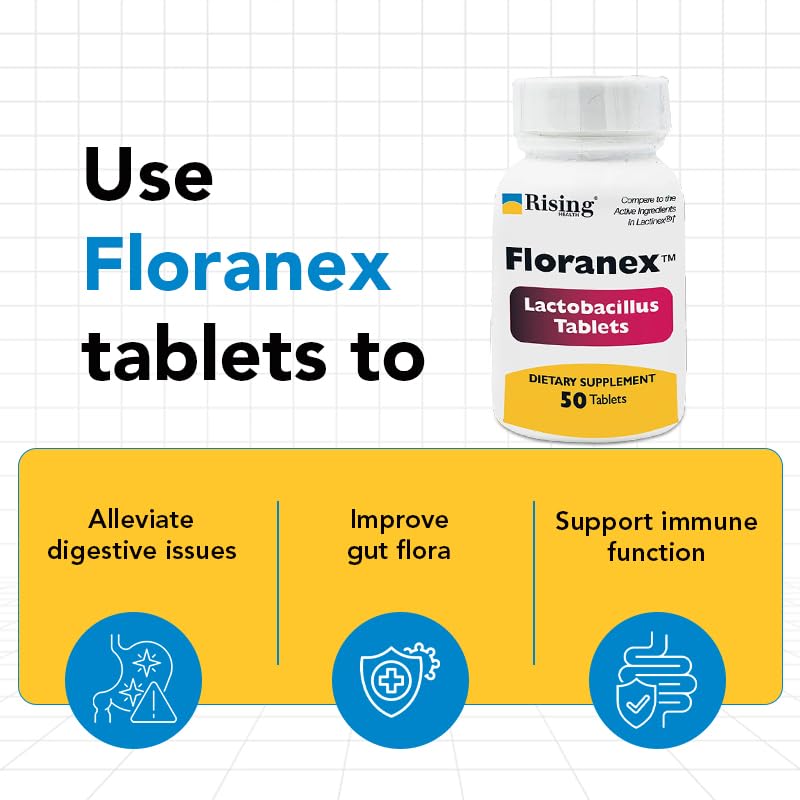 Rising Floranex tableta junto a vaso de agua para toma sencilla