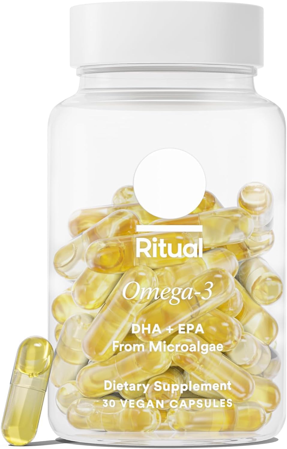 Ritual frasco frontal del Omega‑3 vegano con etiqueta legible y 30 cápsulas