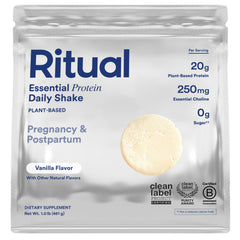 Ritual envase frontal del polvo prenatal en vainilla mostrando marca y beneficio de 20 g proteína