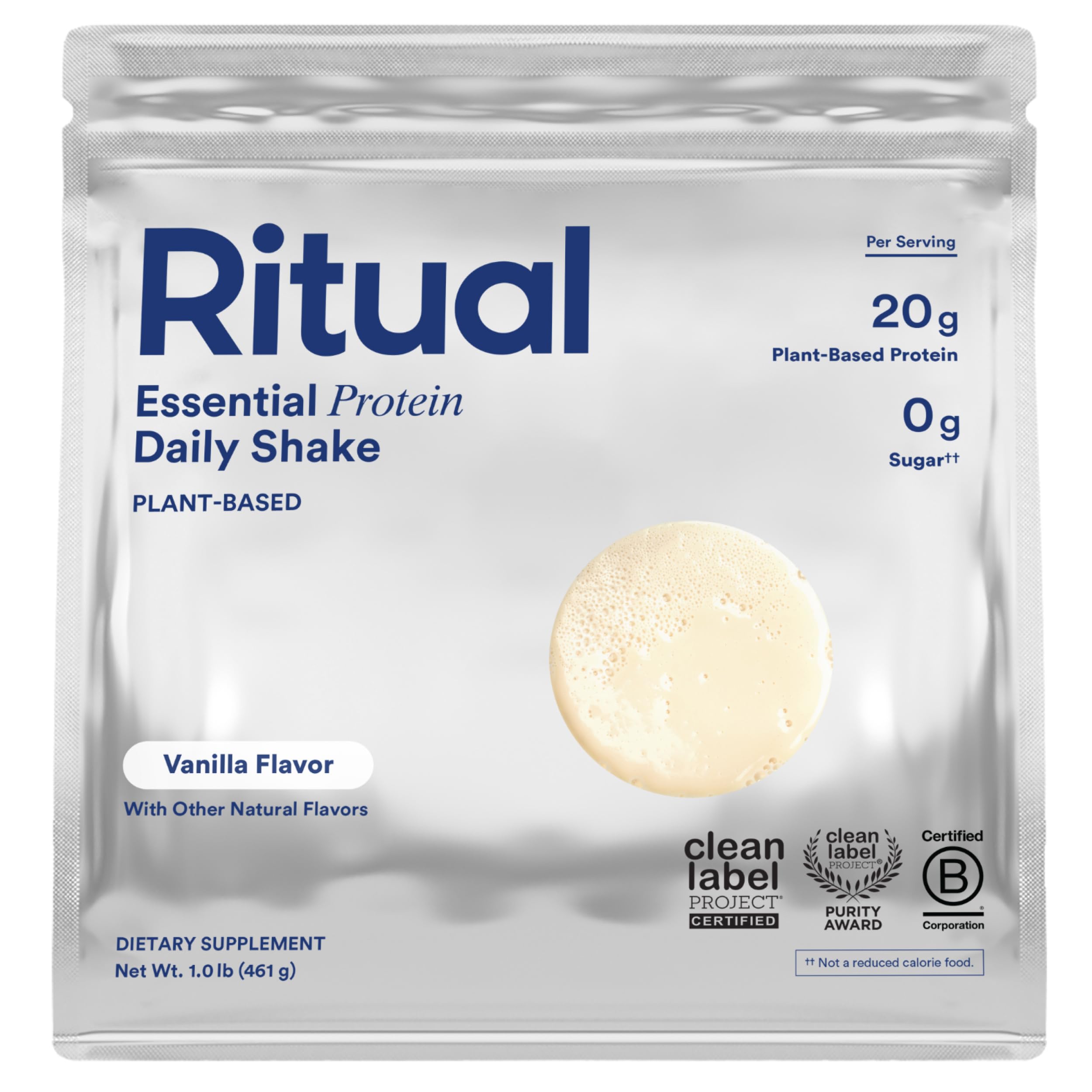 Ritual envase frontal mostrando sabor vainilla y aporte de 20 g proteína