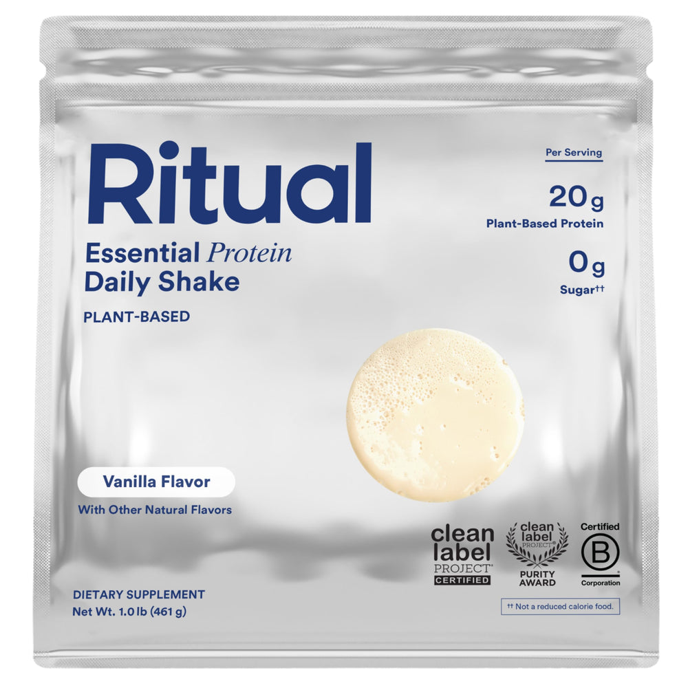 Ritual envase frontal mostrando sabor vainilla y aporte de 20 g proteína