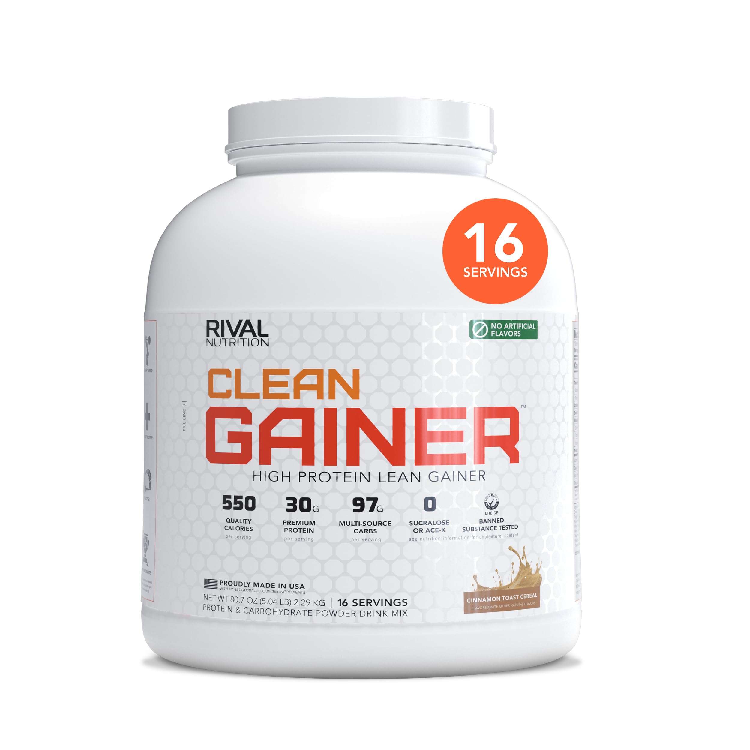 Rival Nutrition Clean Gainer tub front in cinnamon toast flavor for clean mass gains