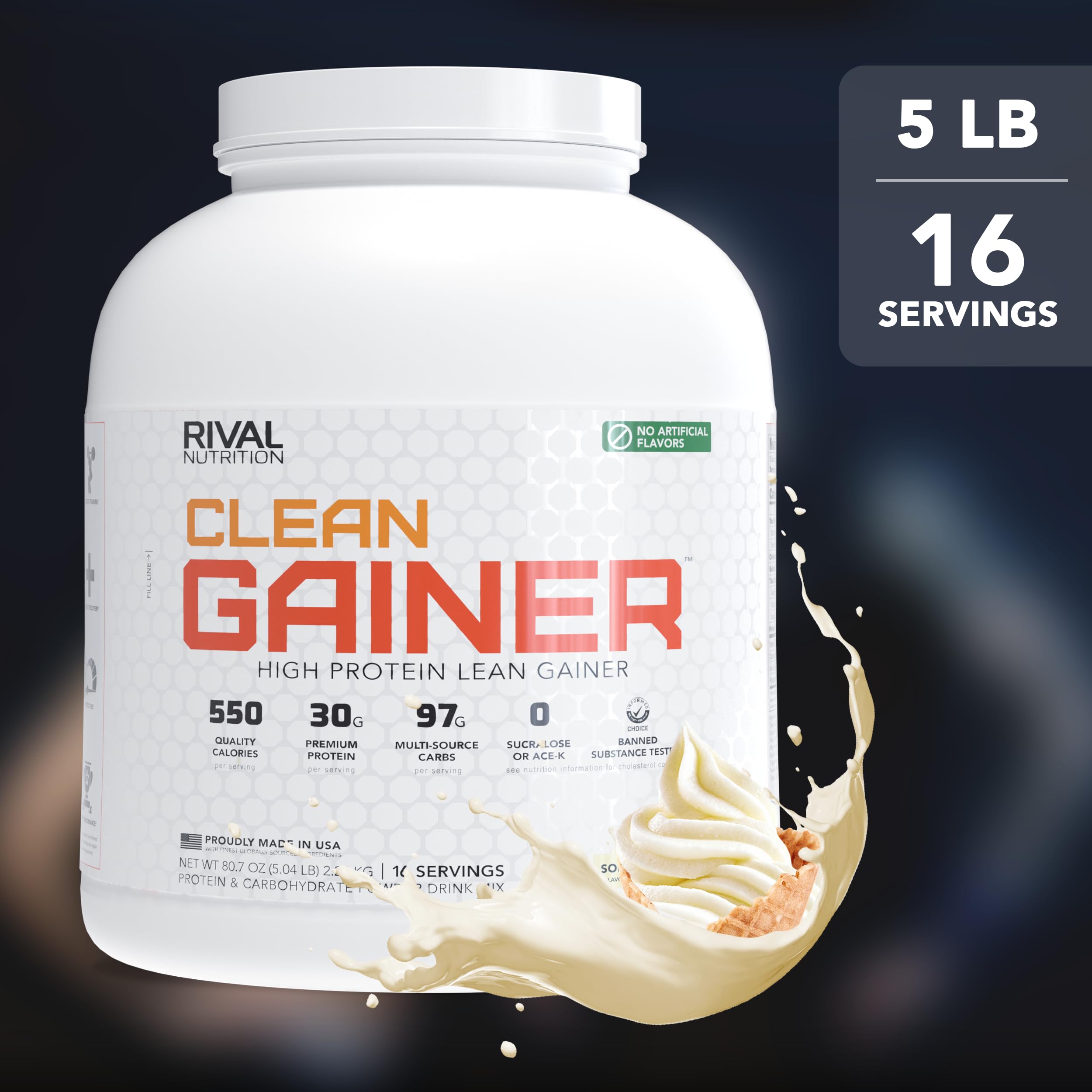 Etiqueta nutricional Rivalus Clean Gainer mostrando calorías y macros