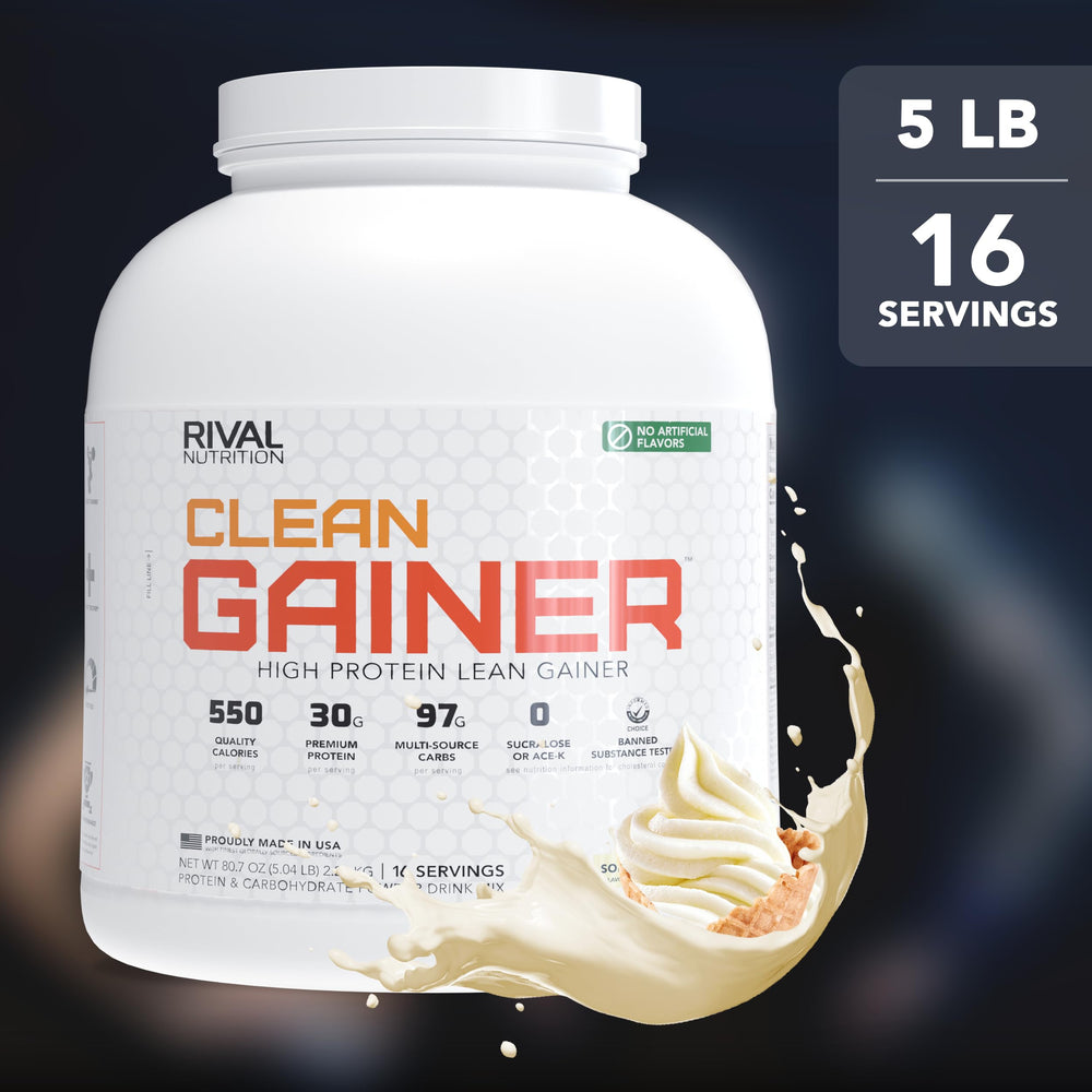 Etiqueta nutricional Rivalus Clean Gainer mostrando calorías y macros