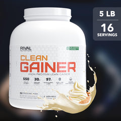 Etiqueta nutricional Rivalus Clean Gainer mostrando calorías y macros