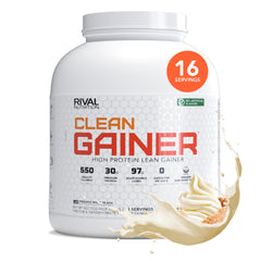 Rivalus Clean Gainer lata frontal mostrando diseño y sabor Soft Serve Vanilla