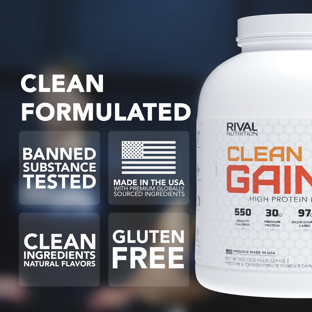 Close-up textura del polvo Rivalus Clean Gainer que facilita mezcla rápida