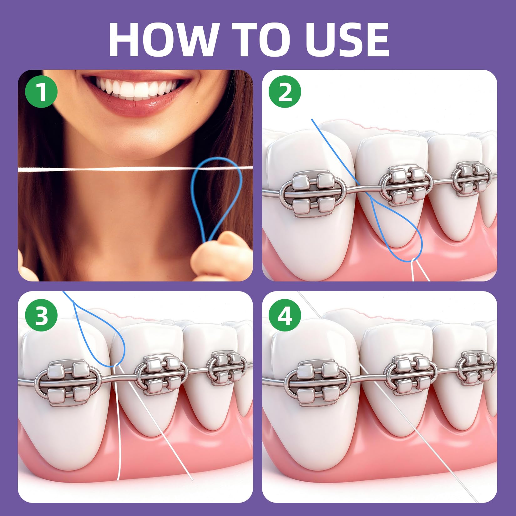 Rizuko floss threader guiando hilo bajo un puente dental para mejor higiene