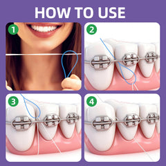 Rizuko floss threader guiando hilo bajo un puente dental para mejor higiene