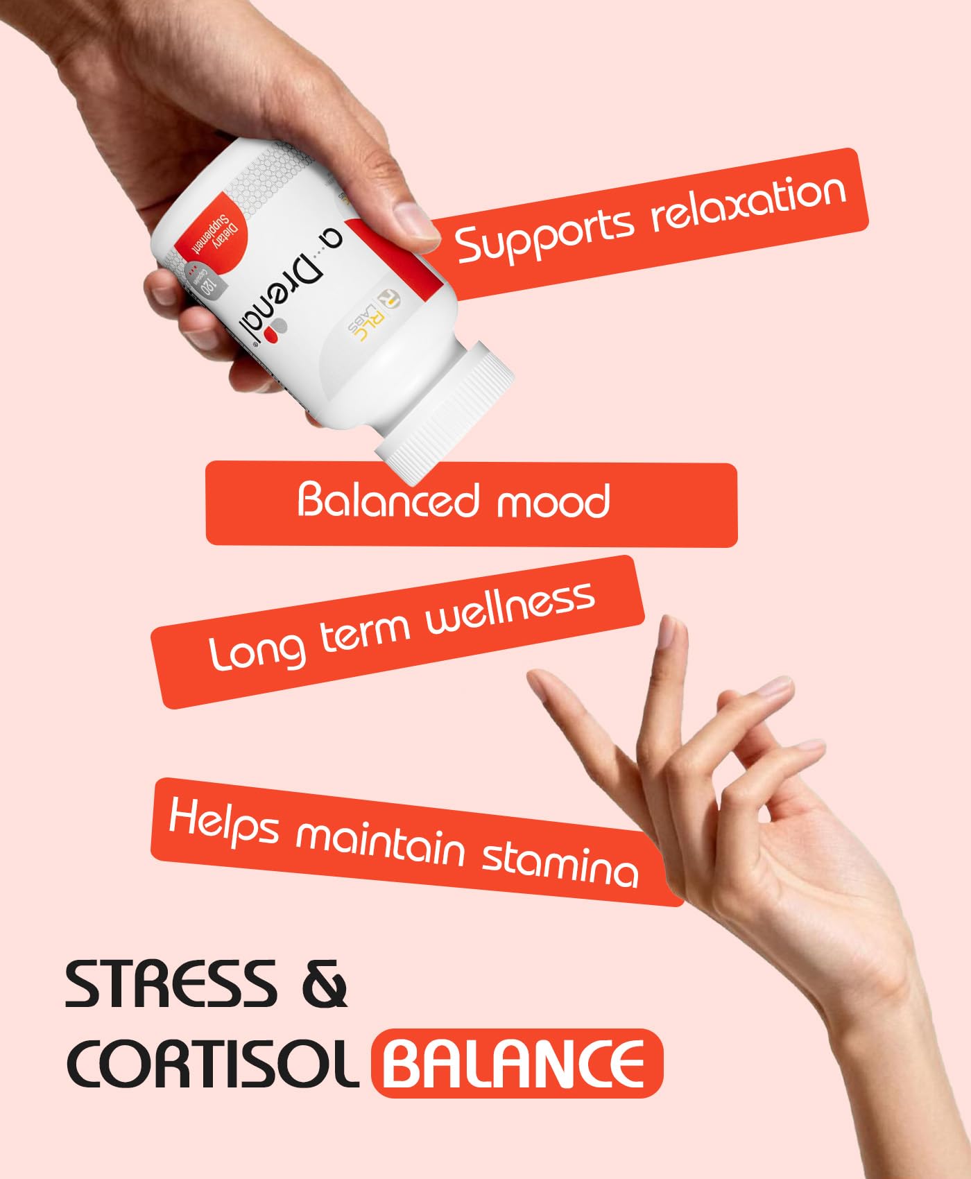 RLC Labs a-Drenal cápsula cercana que destaca textura y tamaño fácil de tragar