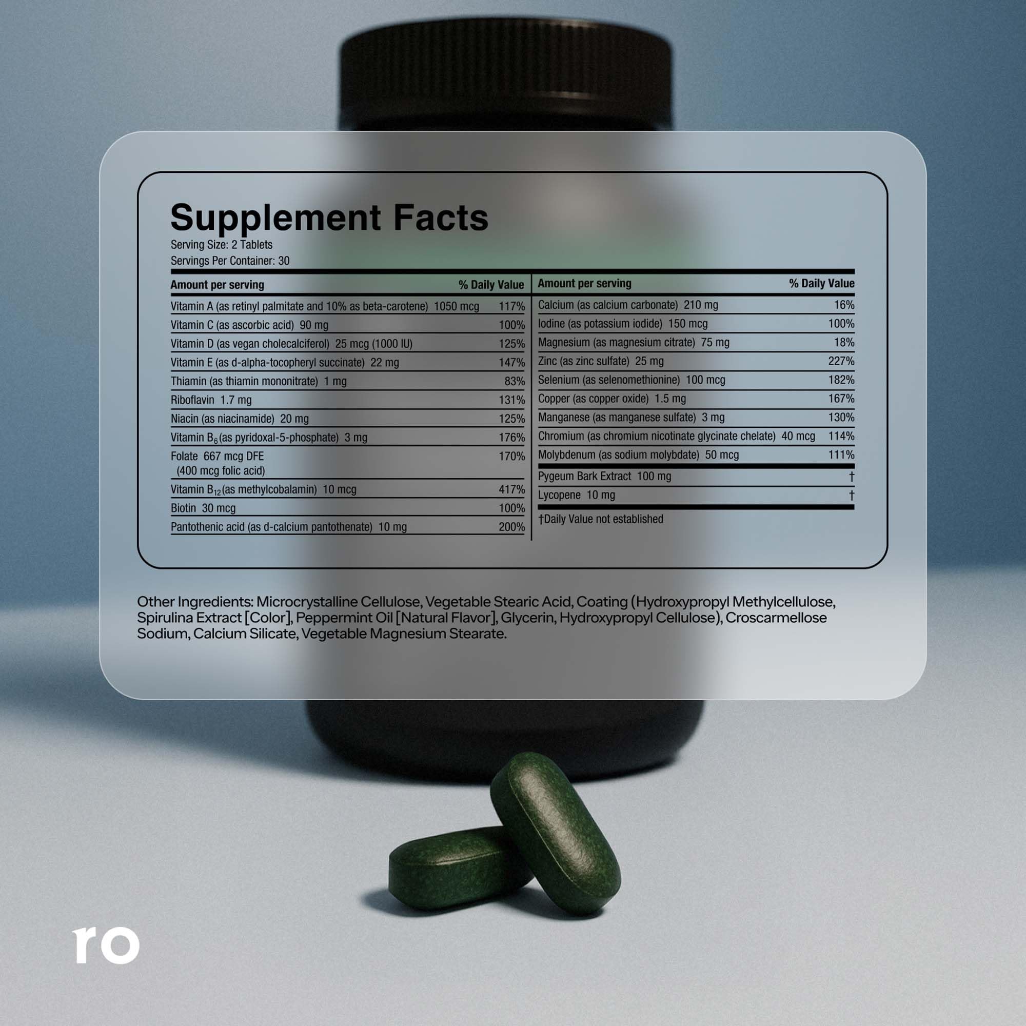 Ro etiqueta con lista de nutrientes que resalta 23 vitaminas y minerales