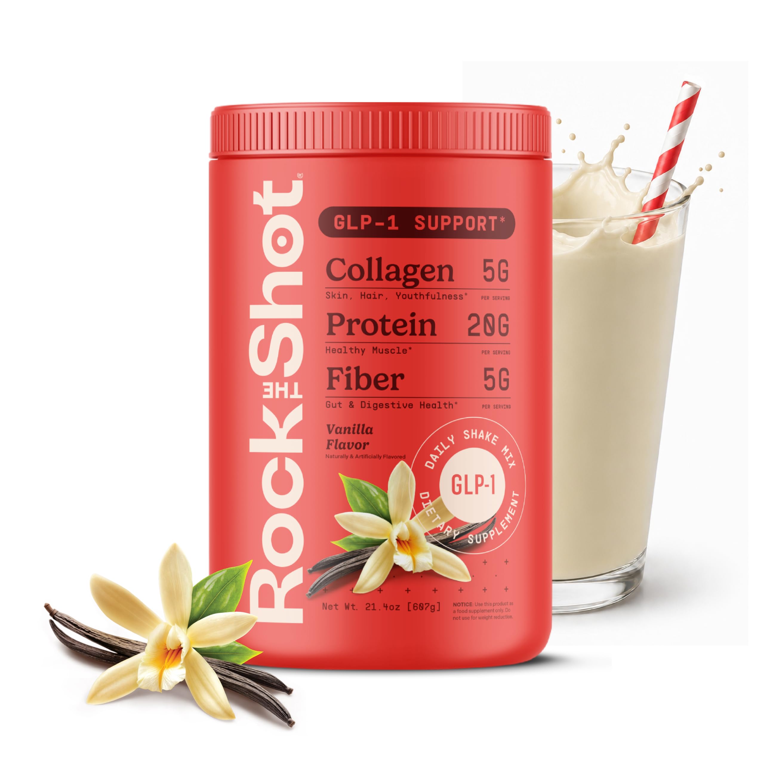 ROCK THE SHOT envase frontal sabor vainilla mostrando beneficios nutricionales