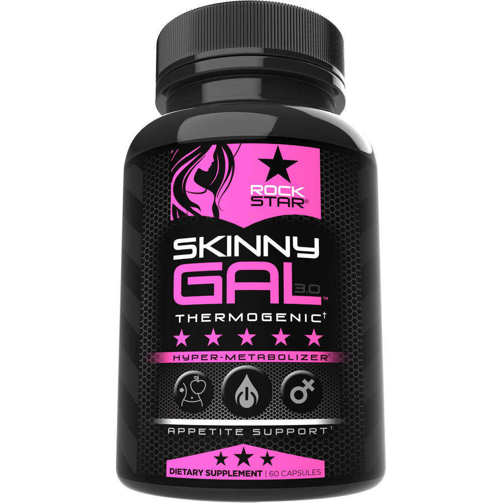 Rockstar Skinny Gal frontal del empaque mostrando diseño y beneficio termogénico