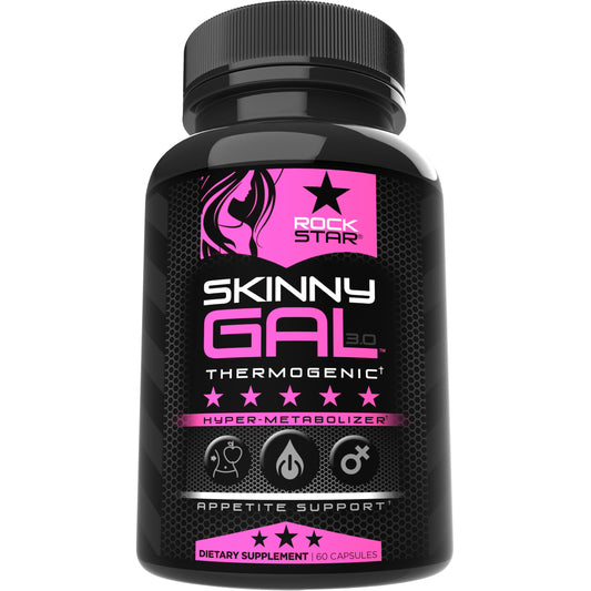 Rockstar Skinny Gal frontal del empaque mostrando diseño y beneficio termogénico