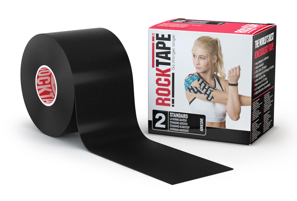 RockTape vista frontal del rollo negro mostrando ancho y adherencia superiores