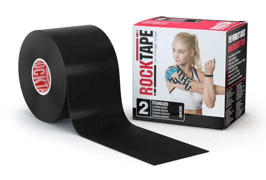 RockTape vista frontal del rollo negro mostrando ancho y adherencia superiores