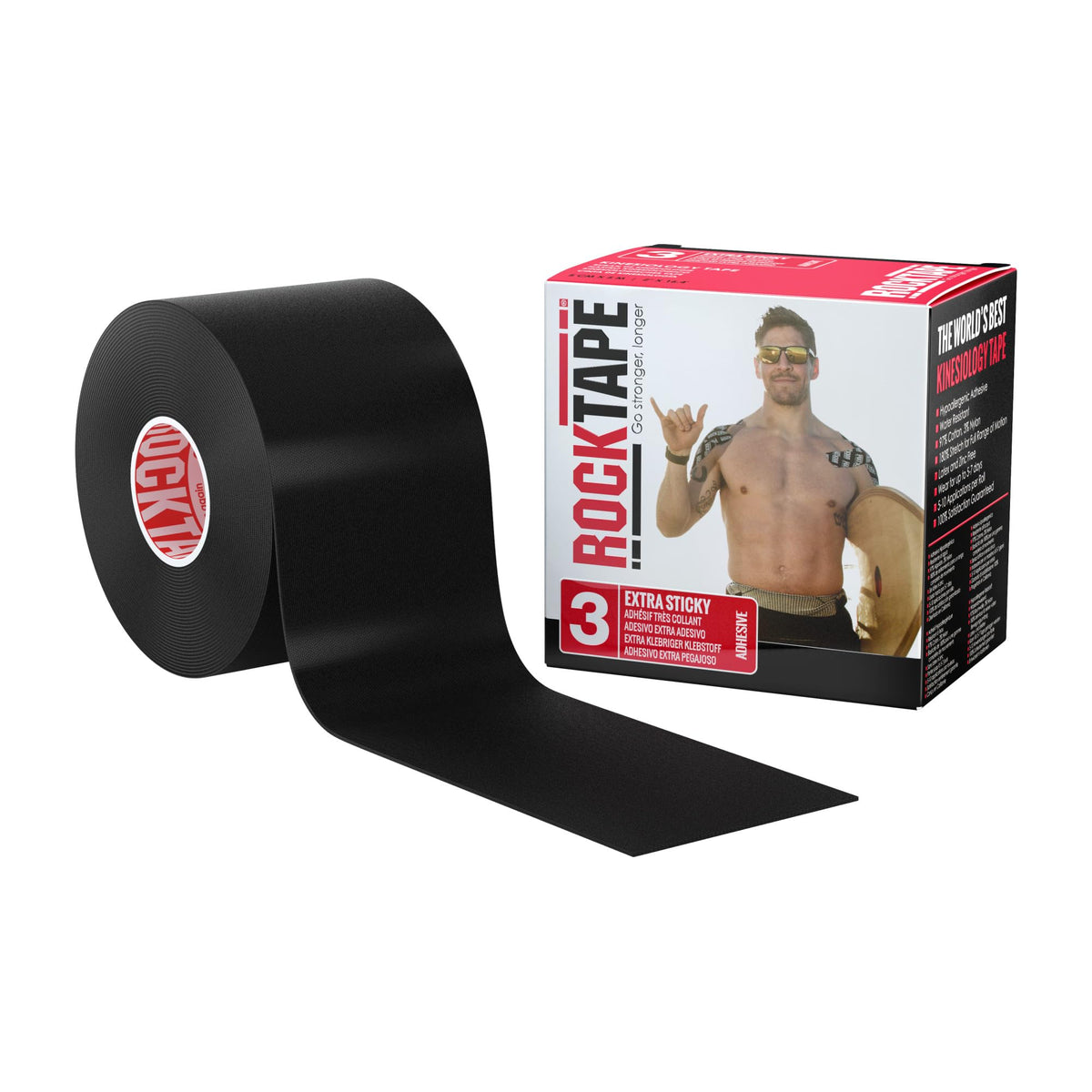 RockTape envase frontal negro mostrando rollo y tamaño 2" con beneficios de larga adhesión