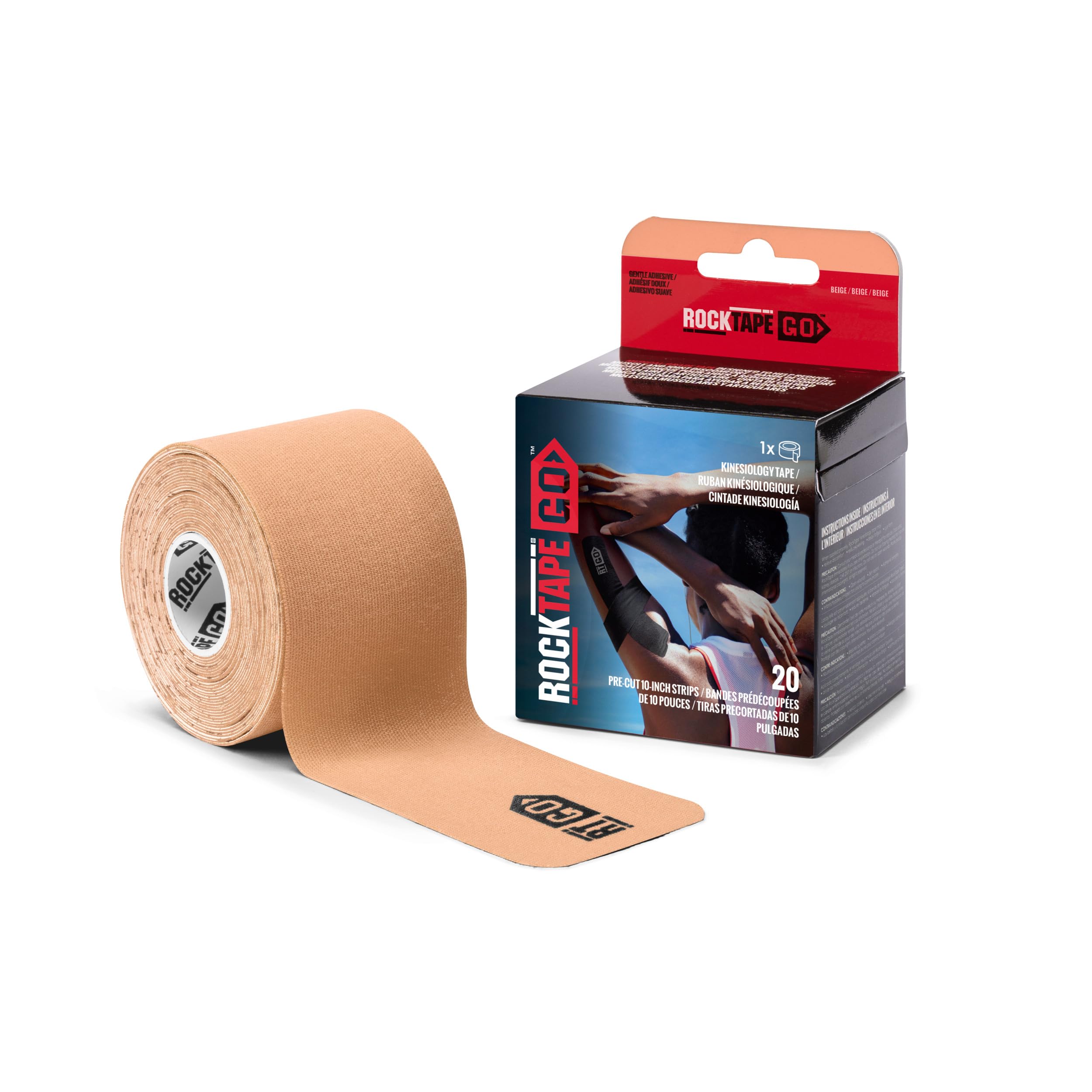 RockTape GO vista frontal del rollo beige con beneficio de soporte cómodo