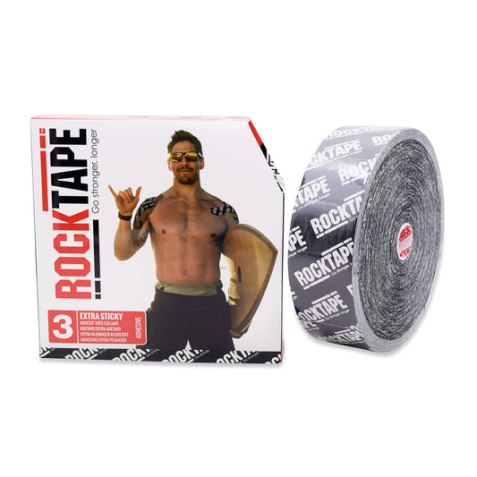 RockTape H2O frontal del rollo mostrando logo y tamaño, ofrece soporte duradero