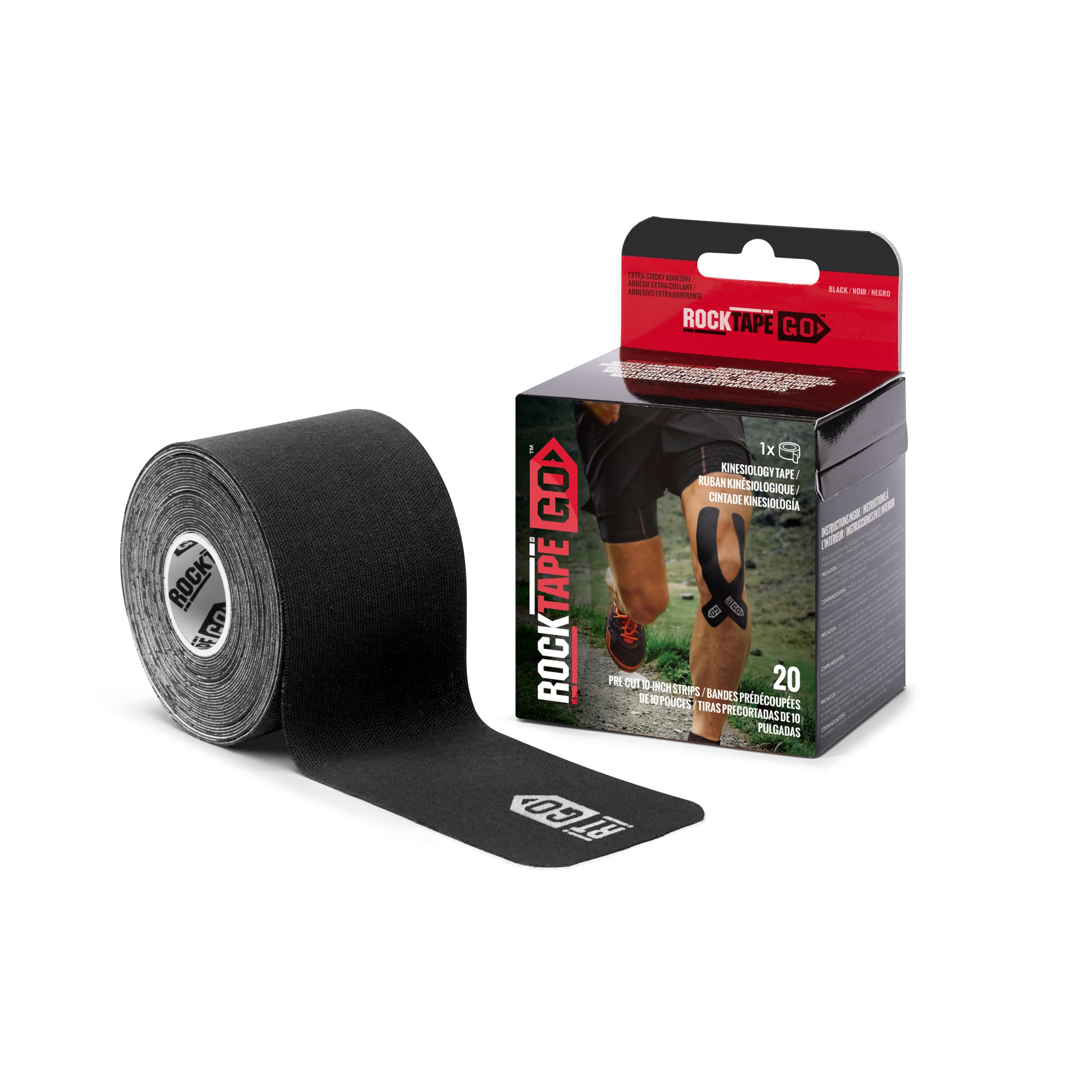 RockTape empaque frontal en negro mostrando 20 tiras, beneficio: fácil transporte