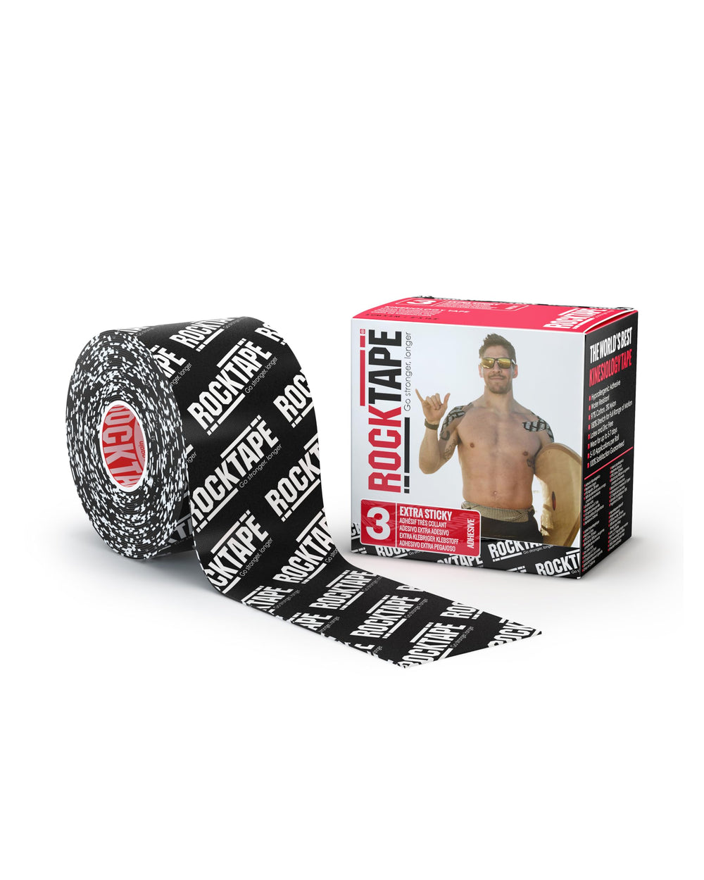RockTape rollo frontal mostrando etiqueta y beneficio de soporte duradero